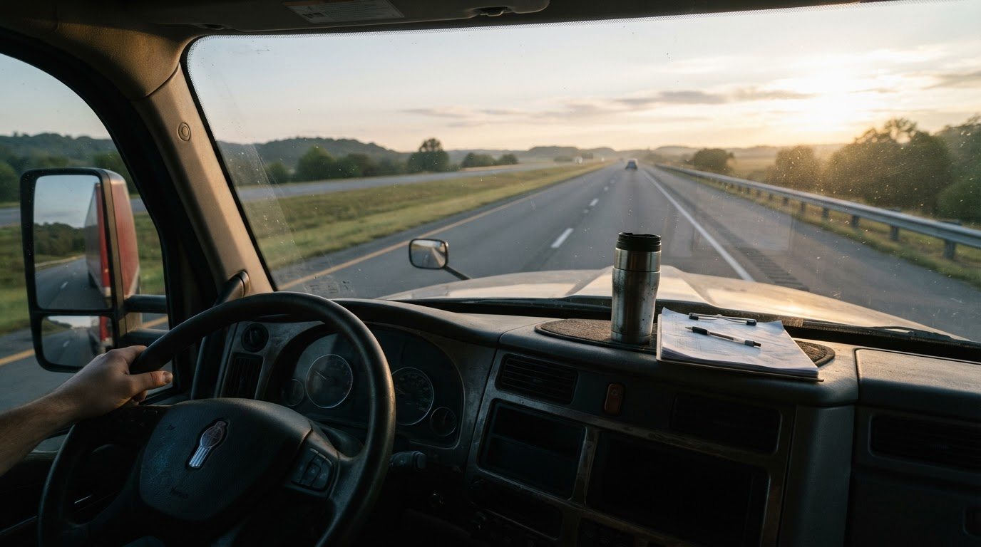The view forward from the driver's seat of a working tractor at first light — the open interstate lane ahead through