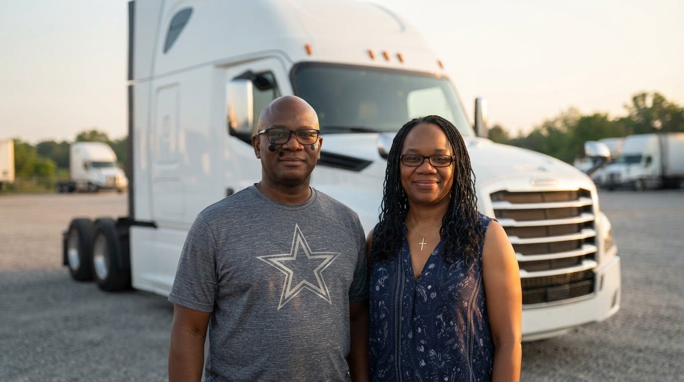 Lee and Joyce standing shoulder to shoulder at the front of their white sleeper tractor, early-morning light in an open, tidy